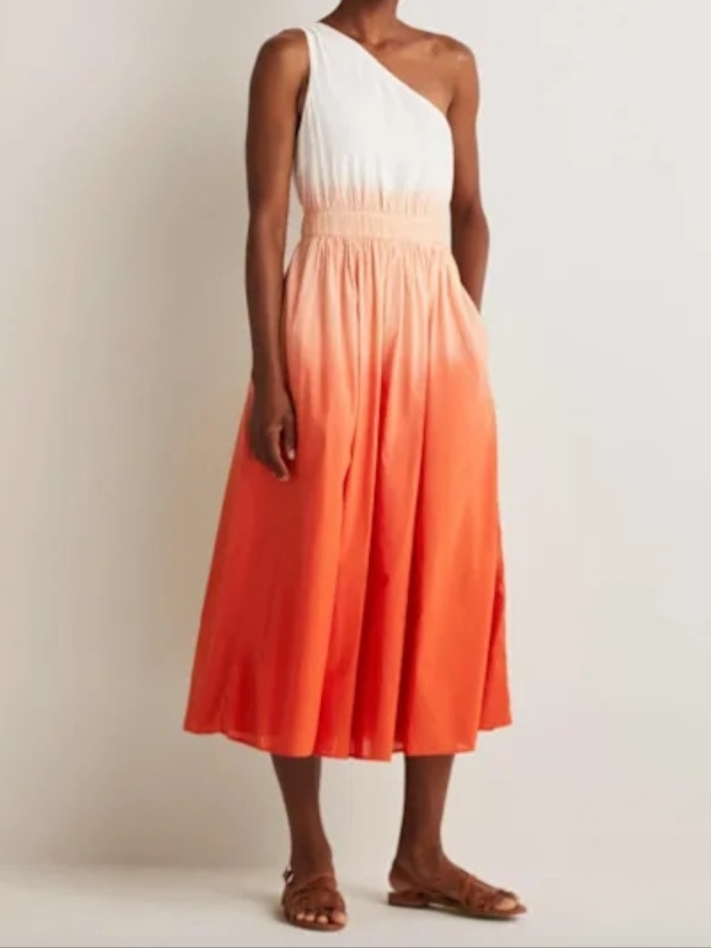 Boden Cotton One-Shoulder Ombre Midi Dress in White and Orange Size 10 - Picture 1 of 11
